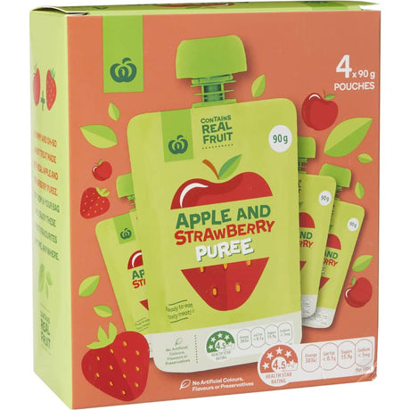 Woolworths Apple & Strawberry Fruit Puree pouches, a healthy, delicious snack made with real fruit, perfect for on-the-go.