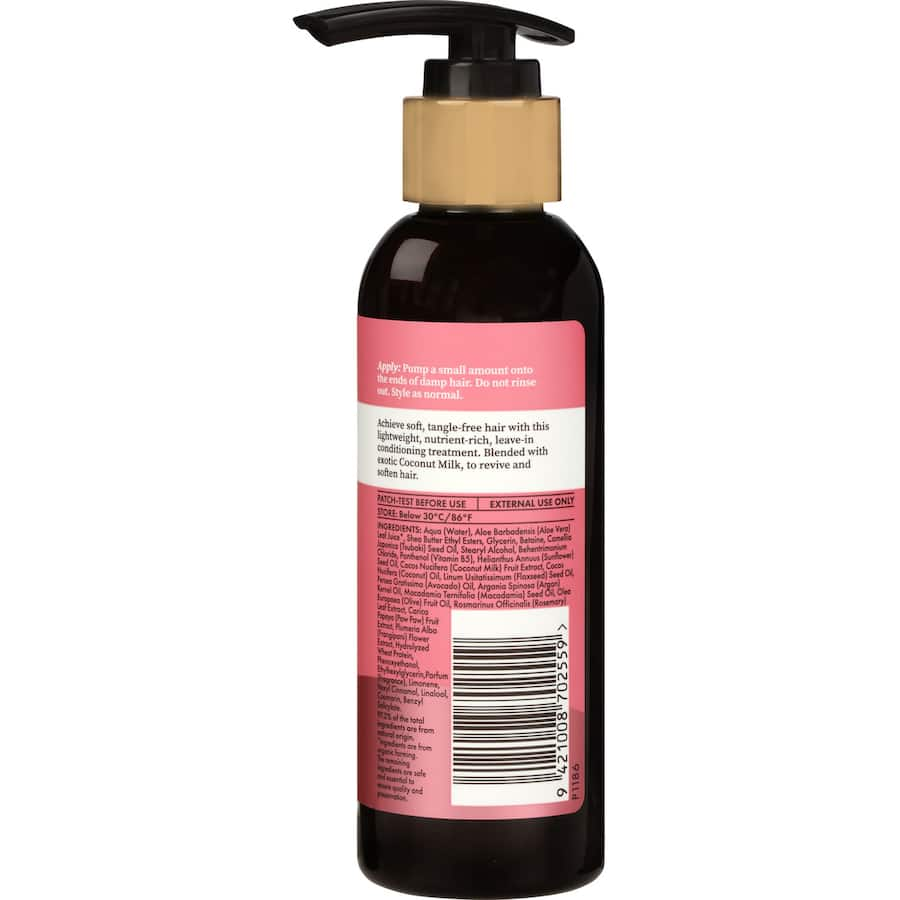 Lightweight leave-in conditioner with coconut oil for soft, tangle-free, and vibrant hair; ideal for all hair types.