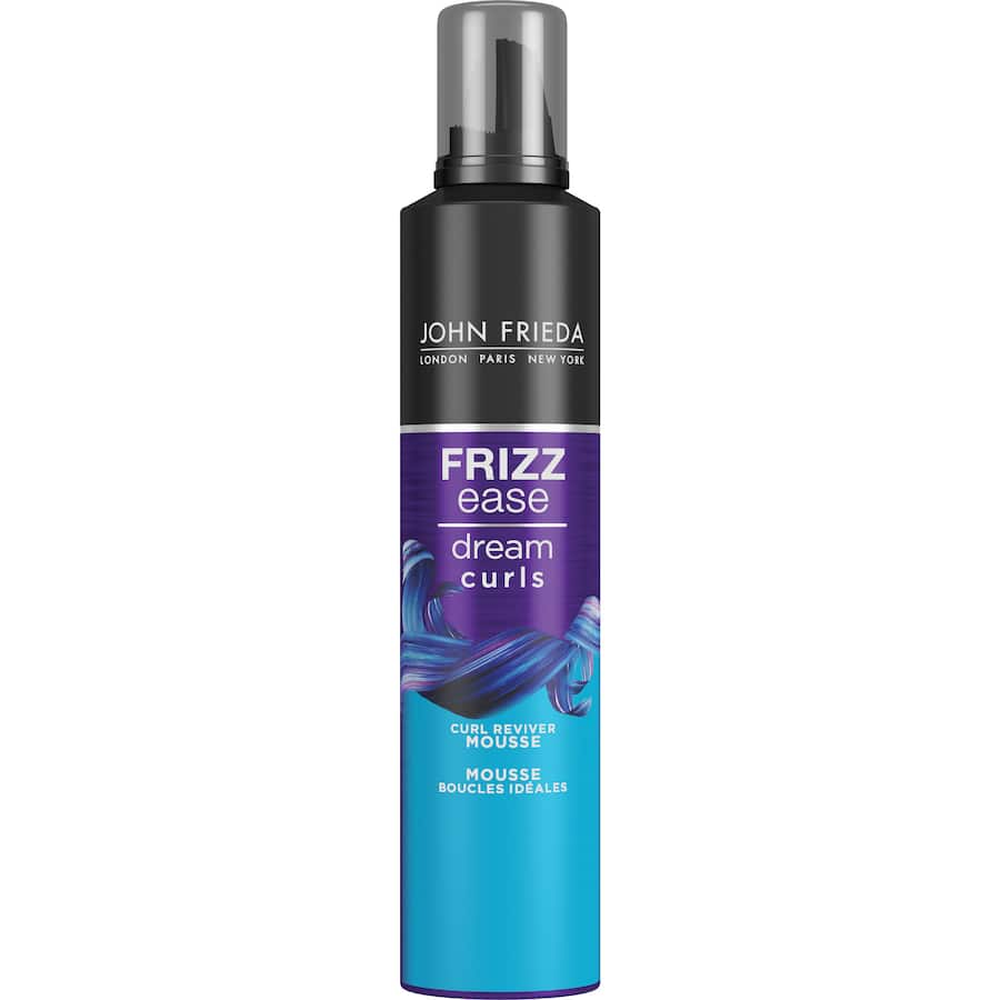 John Frieda Ease Curl Hair Mousse revitalizes curls, tames frizz, and enhances bounce for soft, defined, touchable hairstyles.