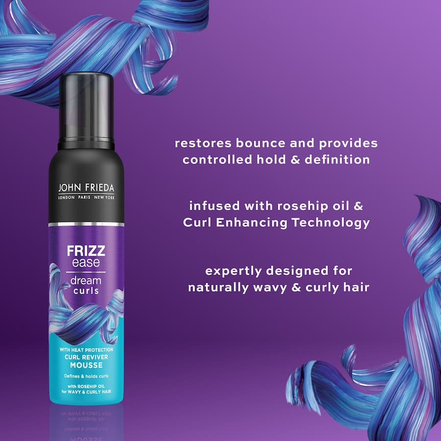 John Frieda Ease Curl Hair Mousse revitalizes curls, controls frizz, and enhances definition for soft, bouncy hairstyles.