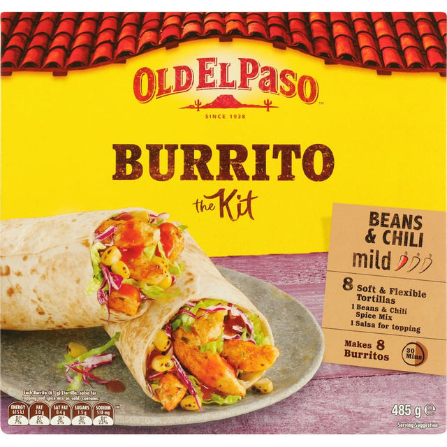 Old El Paso Mexican Burrito Kit with 8 tortillas, seasoning mix, and mild sauce for quick, authentic burritos in 20 minutes.