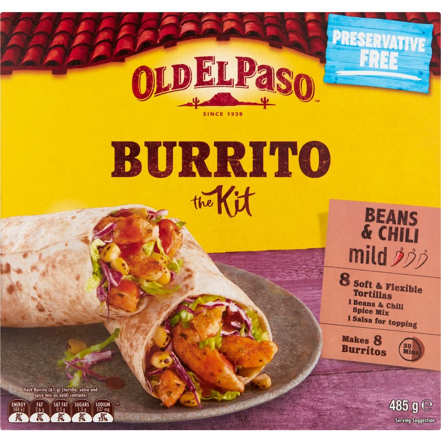 Old El Paso Mexican Burrito Kit with 8 tortillas, seasoning mix, and mild sauce for authentic burritos in 20 minutes.