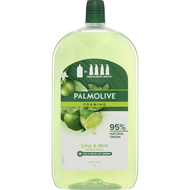 Palmolive Foaming Hand Wash Refill in Lime Mint, antibacterial, 95% natural ingredients, kills 99.9% of germs, eco-friendly.