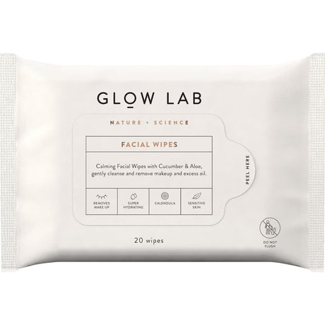 Calming Glow Lab Facial Wipes with Aloe Vera and Cucumber Extracts, gently cleanse and hydrate for refreshed skin.