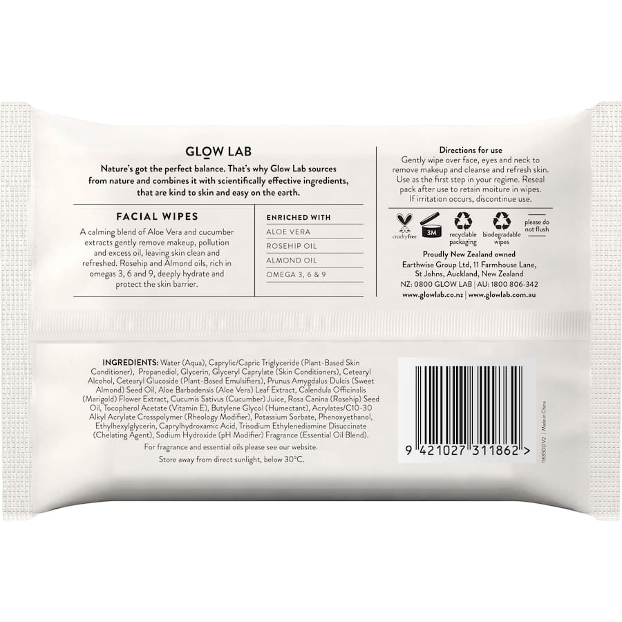 Glow Lab Facial Wipes for quick cleansing, enriched with Aloe Vera, Cucumber, and nourishing oils for refreshed, hydrated skin.