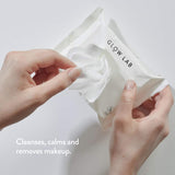 Calming Glow Lab Facial Wipes with Aloe Vera and Cucumber Extracts for gently cleansing makeup and hydrating skin.