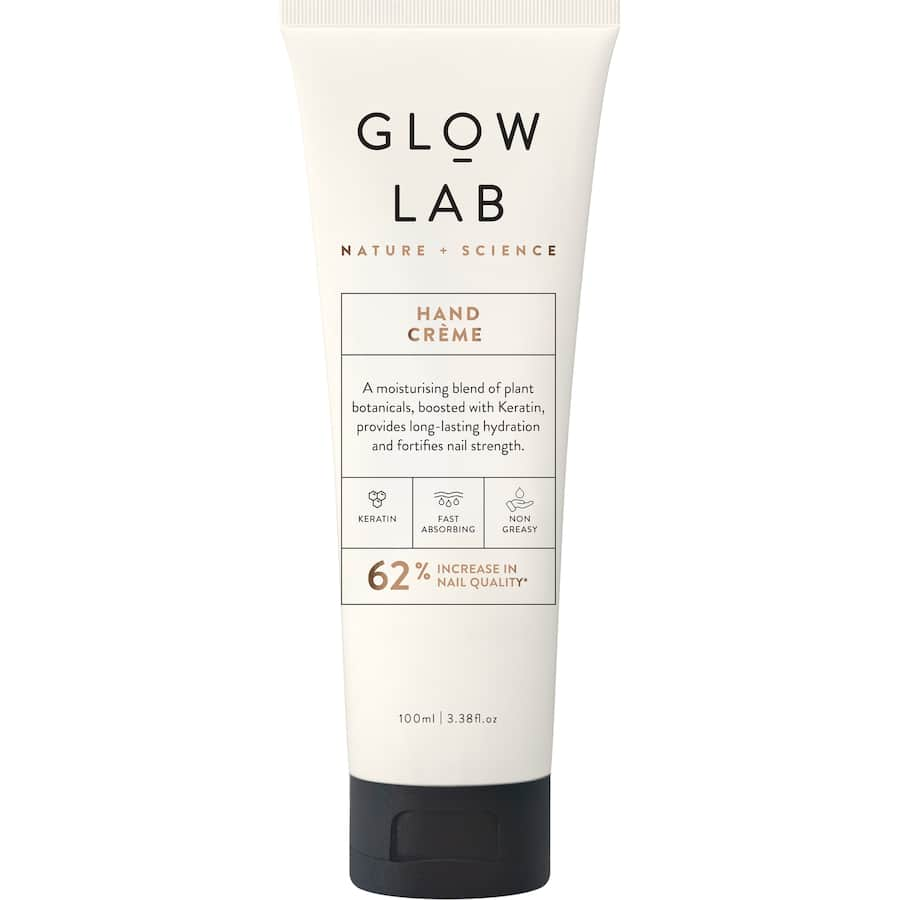 Nourishing Glow Lab Hand Cream with Shea Butter and Coconut for deep hydration and improved nail strength, non-greasy formula.