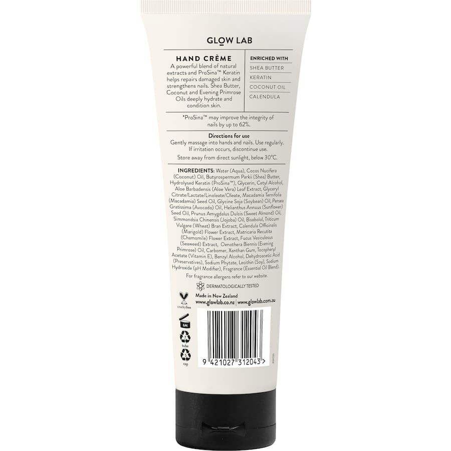 Glow Lab Hand Cream: a hydrating, non-greasy formula enriched with plant botanicals, Keratin, and a soothing Coconut scent.