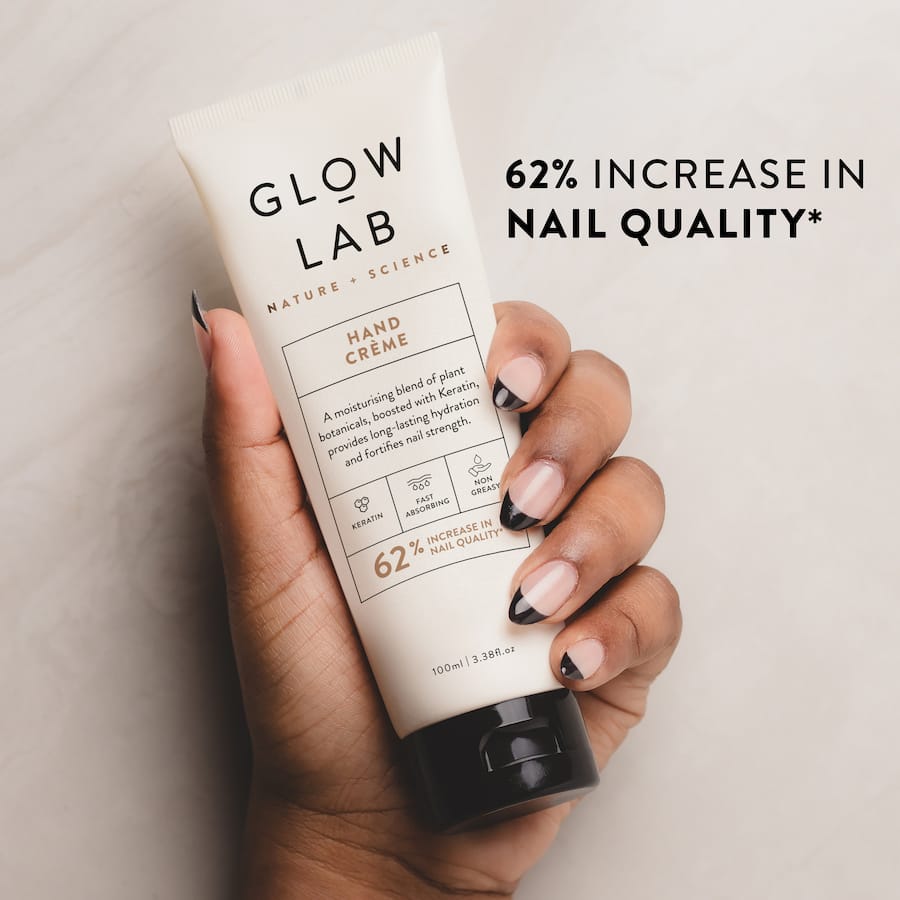 Moisturizing Glow Lab Hand Cream with plant botanicals, Keratin, and a soothing Coconut-Sandalwood scent for soft, nourished hands.