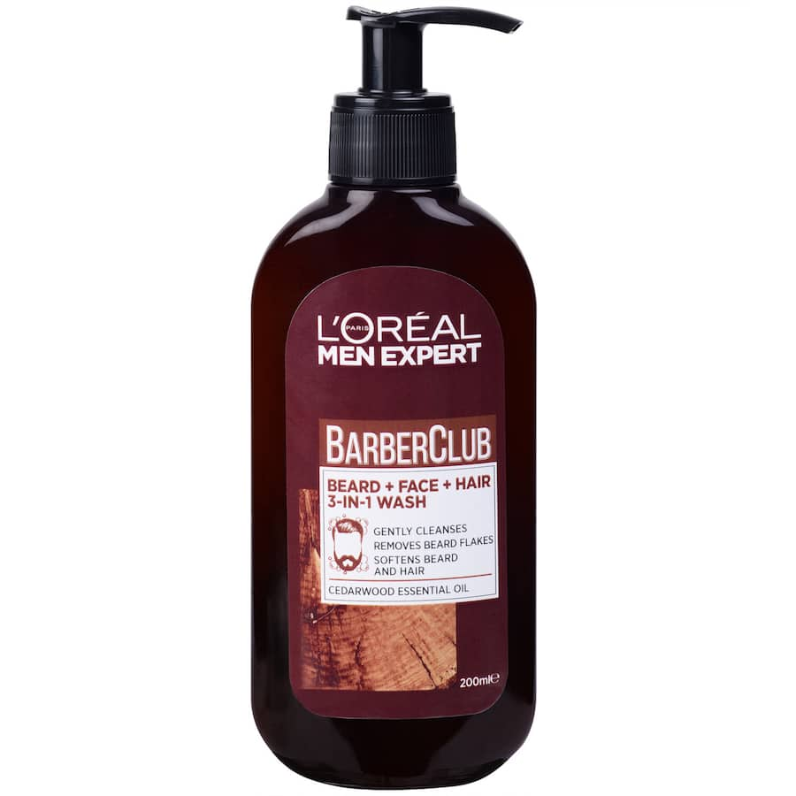 L'Oreal Men Expert Barber Club 3 In 1 Wash gently cleanses beard, face, and hair, eliminating dandruff and odors for a fresh feel.