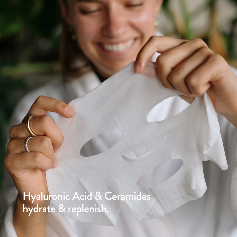 Hydrating sheet mask featuring Hyaluronic Acid and Ceramides for supple, glowing skin and moisture retention.