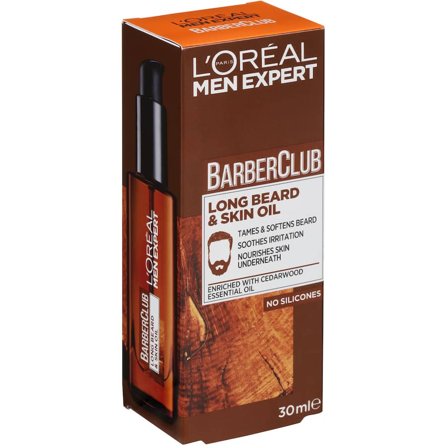 L'Oreal Men Expert Barber Club Beard Oil for long beards, nourishing skin and taming hair without greasiness.