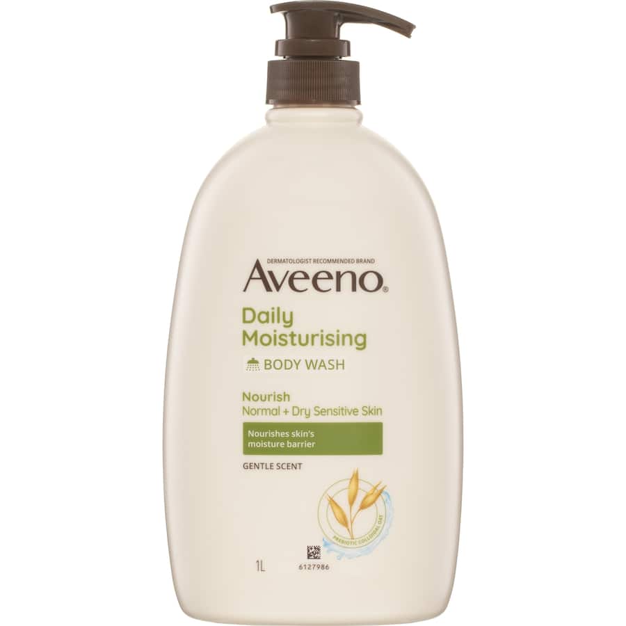 Aveeno Body Wash Daily Moisturising features a prebiotic oat formula for gentle hydration, perfect for sensitive skin.