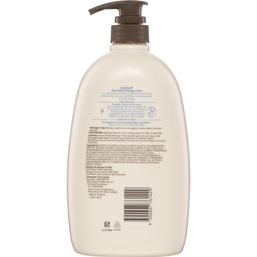 Aveeno Body Wash Skin Relief, fragrance-free formula with triple oat complex for soothing dry, sensitive skin.