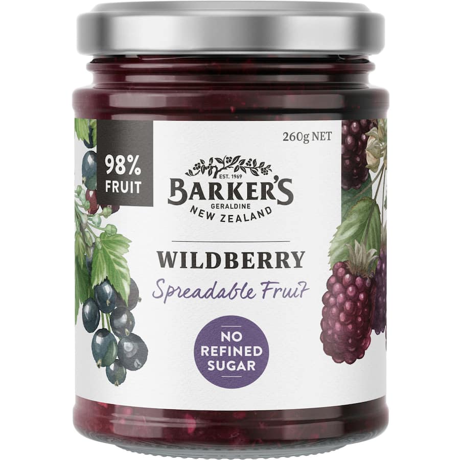 Barkers Spreadable Fruit Wild Berry jar, showcasing no refined sugar, real fruit, and rich antioxidant flavors.