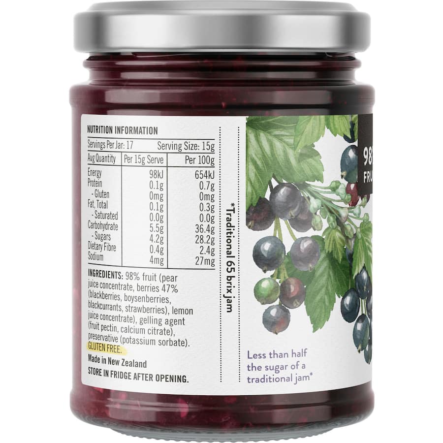 Barkers Spreadable Fruit Wild Berry jar, featuring a no refined sugar, fruit-based treat ideal for toast and recipes.