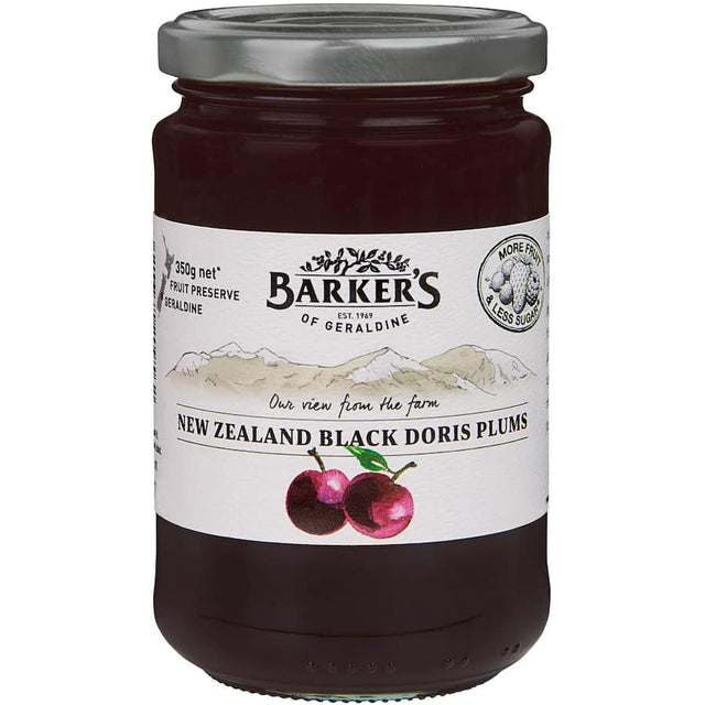 Barkers Plum Jam Black Doris in a jar, showcasing rich, gourmet plum preserve perfect for spreading or baking.