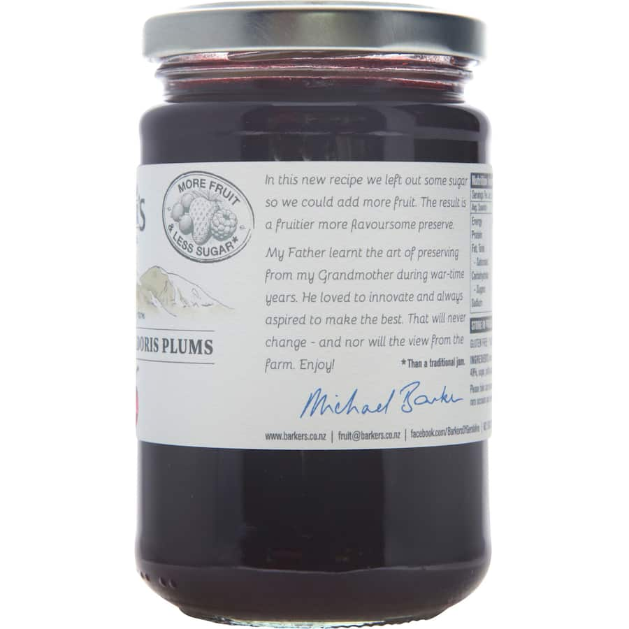 Barkers Plum Jam Black Doris in a jar, showcasing rich, natural plum flavor for spreading or cooking.