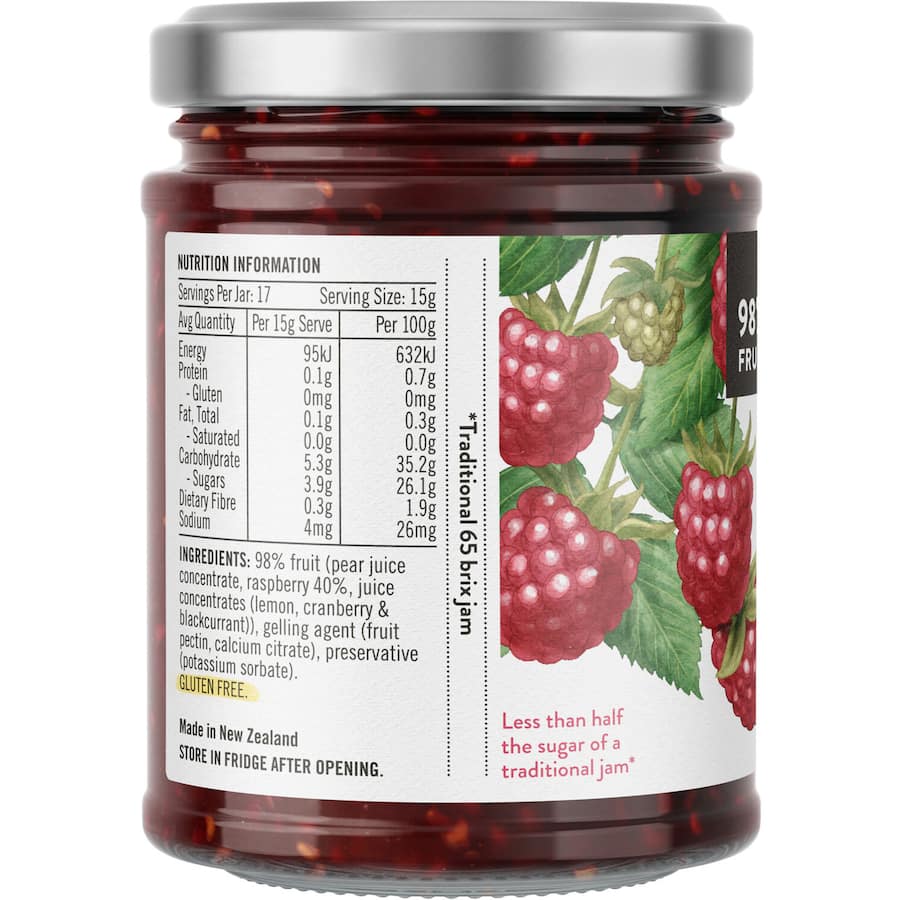 Barkers Spreadable Fruit Raspberry, no refined sugar jam, perfect for toast or pastries with real raspberry flavor.