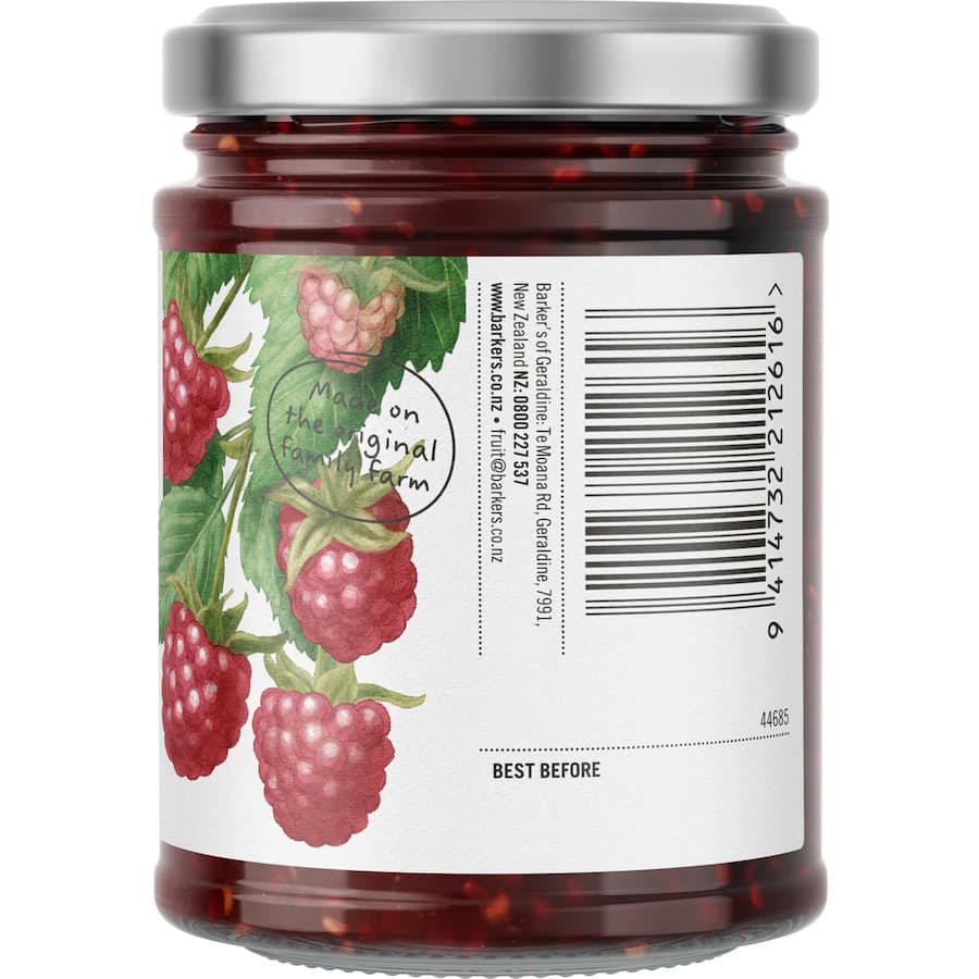 Barkers Spreadable Fruit Raspberry jar, showcasing natural raspberry sweetness without refined sugar for healthy toppings.