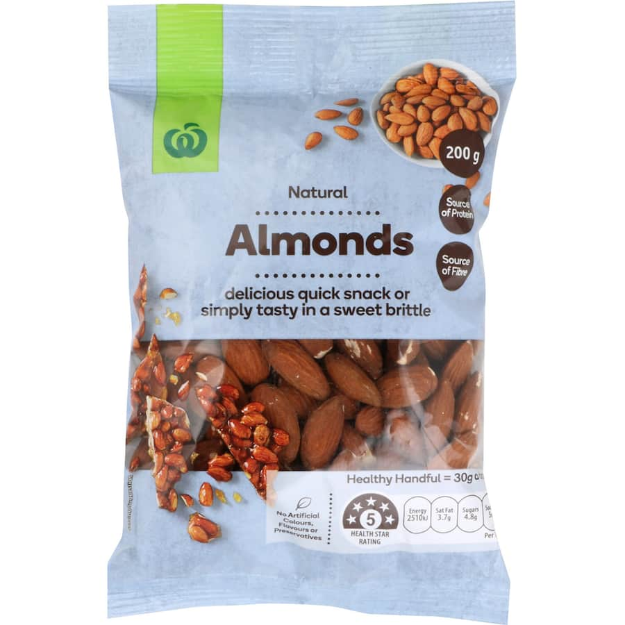 Natural Woolworths almonds, packed with protein and fiber, perfect for snacking or baking with no artificial additives.