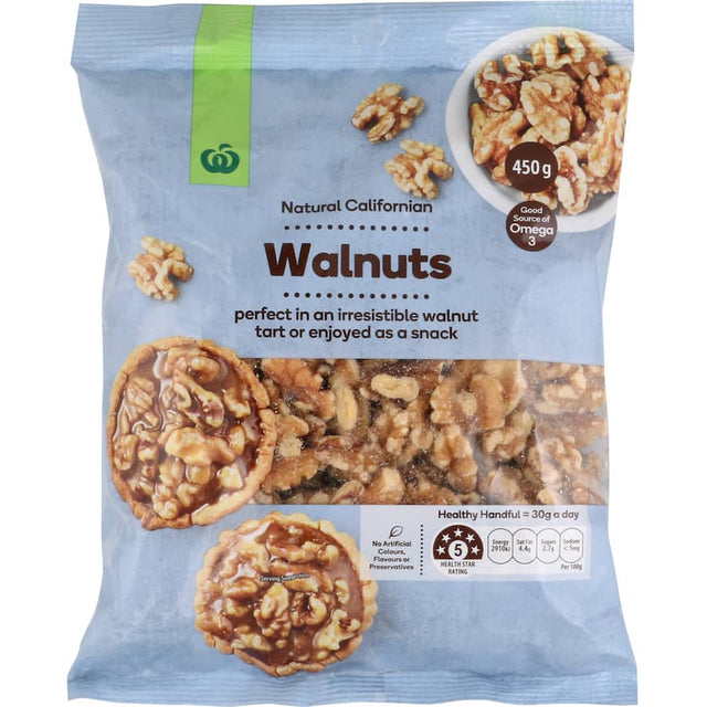 Natural Californian Woolworths Walnuts, rich in omega-3s, ideal for snacking and versatile cooking.