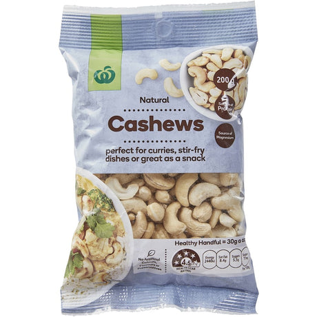 Woolworths Natural Cashews: 100% nutty, protein-rich snack perfect for healthy eating and enhancing meals.