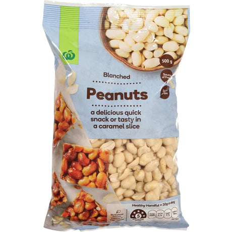 Woolworths Blanched Peanuts, a nutritious snack rich in protein and fiber, perfect for cooking or enjoying straight from the bag.