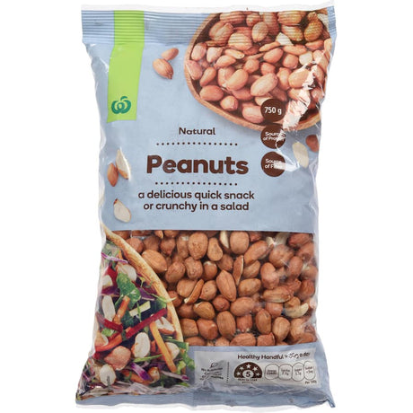 A pack of Woolworths Natural Peanuts, 100% natural, rich in protein and fiber, perfect for healthy snacking on the go.