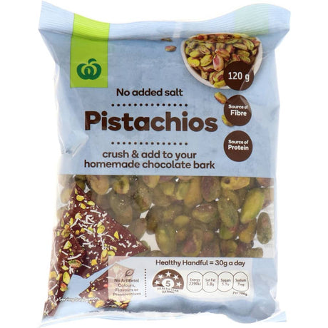 Woolworths Pistachio Kernels in a bowl showcasing their natural color, ideal for snacking or adding to desserts.