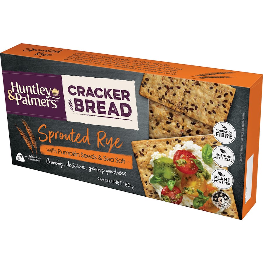 Crunchy Huntley & Palmers Cracker Bread made from sprouted rye, perfect for dips or a healthy snack, rich in fiber and protein.