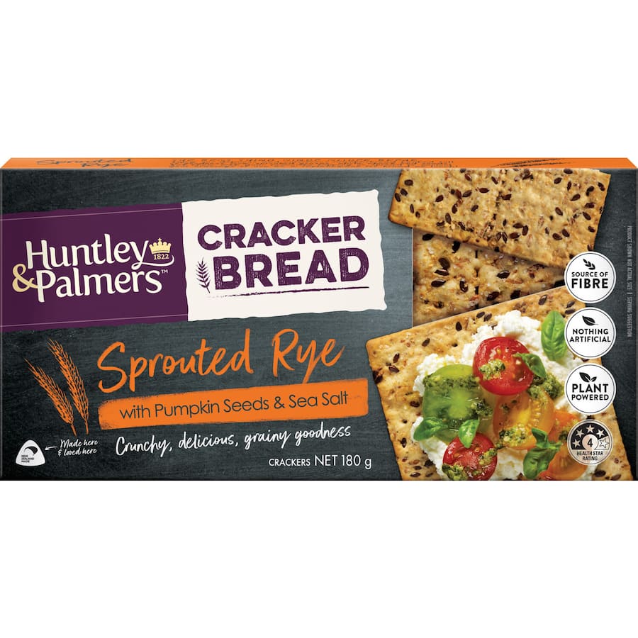 Crunchy Huntley & Palmers Sprouted Rye cracker bread, rich in flavor, fiber, and protein for healthy snacking.