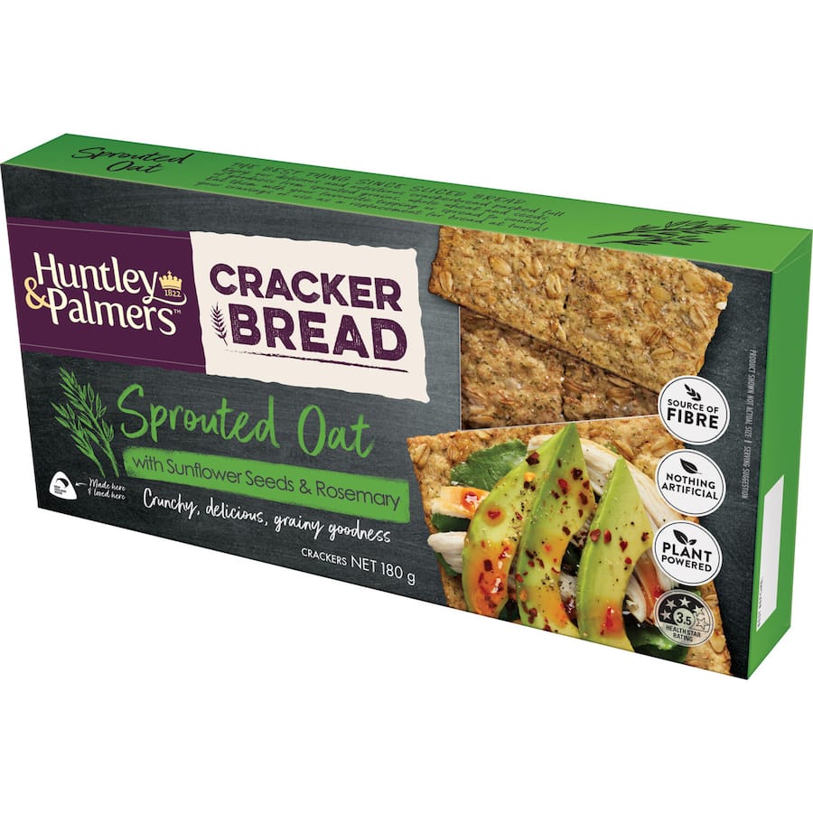 Crispy Huntley & Palmers Cracker Bread made with sprouted oats, high in fiber, perfect for healthy snacking and cheese platters.