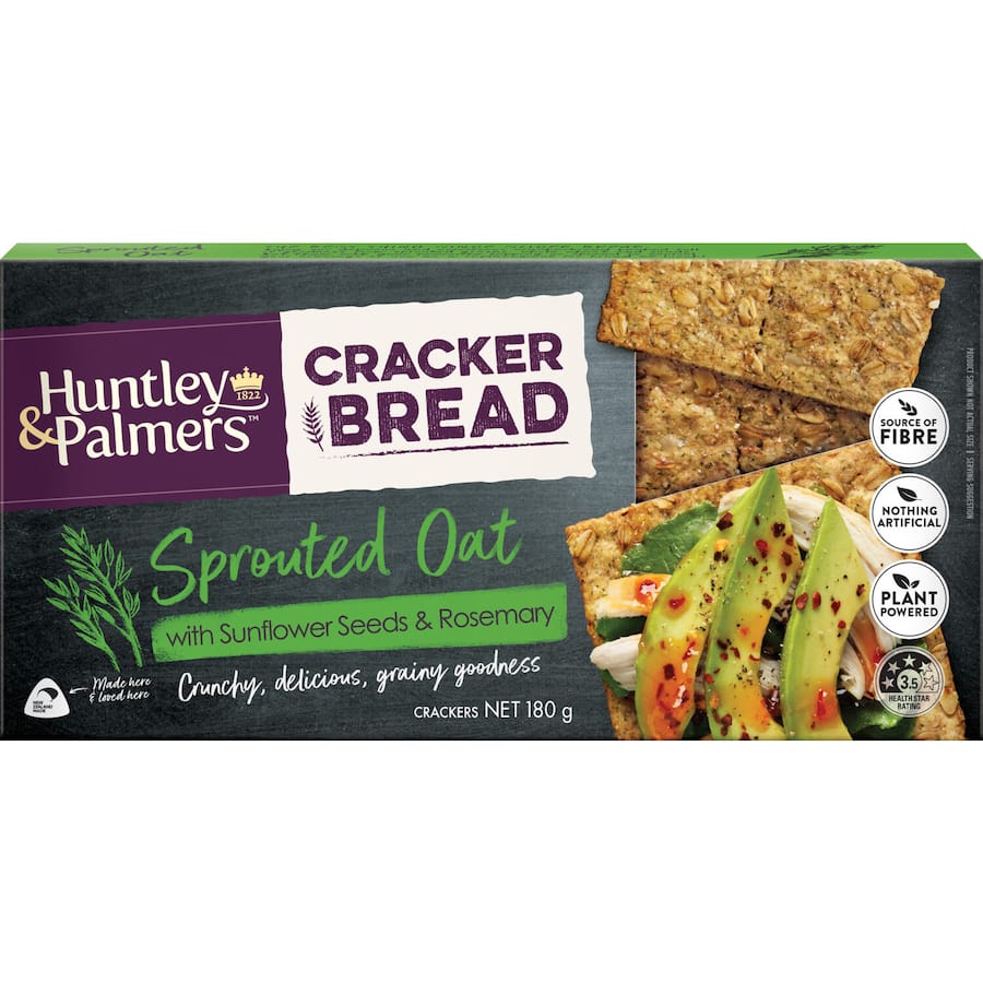 Crisp cracker bread made from sprouted oats, high in fiber, perfect for snacking, dipping, and pairing with spreads.