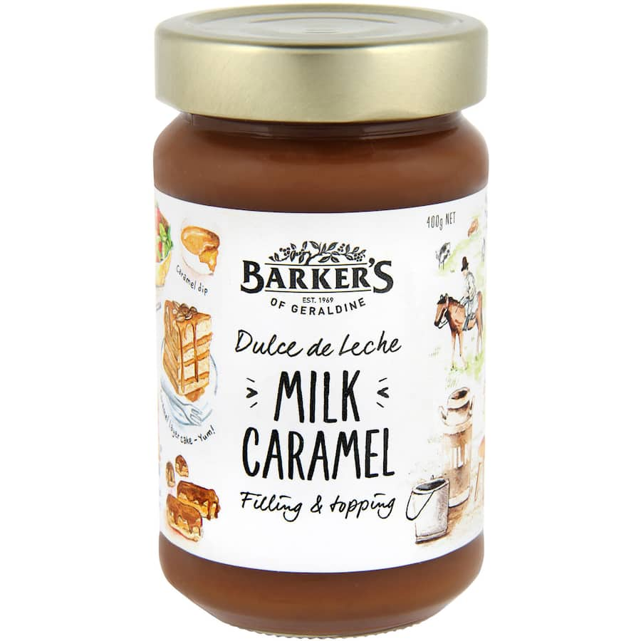 Barkers Dulce De Leche Milk Caramel Topping, a creamy and rich caramel sauce perfect for drizzling on desserts and pancakes.