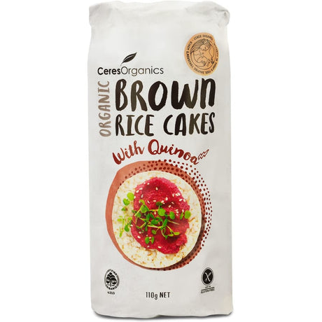 Light and crunchy Ceres Organics Rice Cakes with quinoa, made from organic Thai jasmine rice, perfect for healthy snacking.