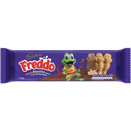 Crispy biscuits covered in smooth milk chocolate, featuring the whimsical Freddo frog character, perfect for sharing and snacking.