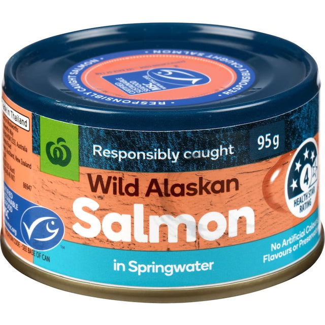 Canned Woolworths Wild Alaskan Salmon in Springwater, rich in omega-3 and protein, perfect for healthy meals and snacks.