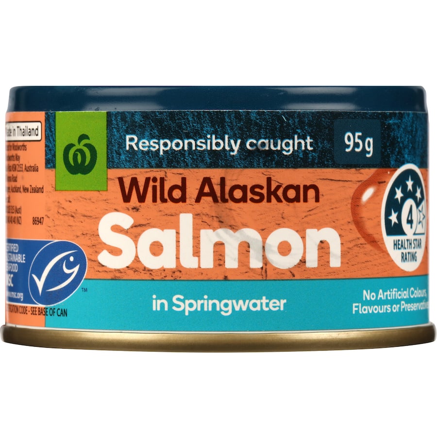 Canned Woolworths Wild Alaskan Salmon in Springwater, rich in omega-3, perfect for healthy meals like salads and pasta.