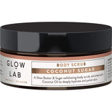 Glow Lab Body Scrub Coconut: A luxurious exfoliating scrub with Coconut Oil, Shea Butter, and Sugar for smooth, hydrated skin.