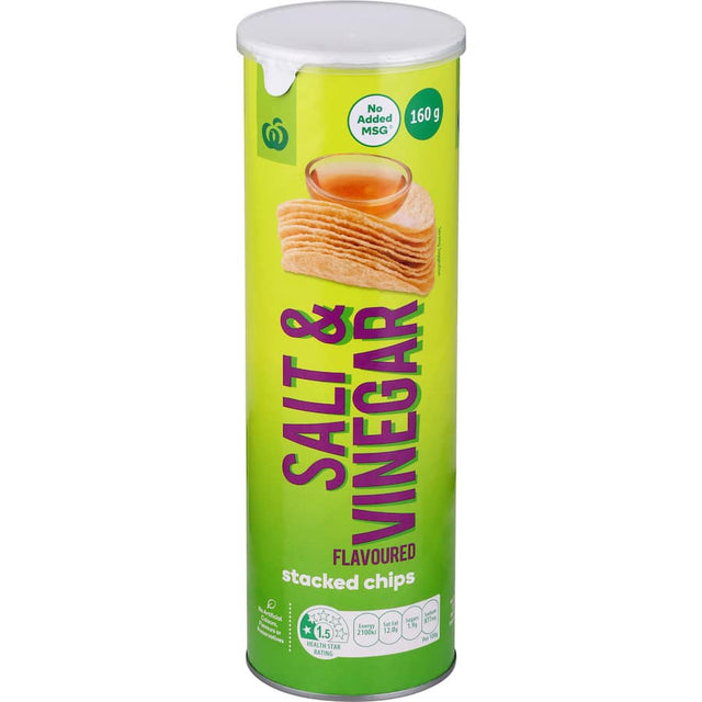 Woolworths Salt & Vinegar Chips featuring a crunchy, tangy flavor without MSG or artificial ingredients, perfect for snacking.