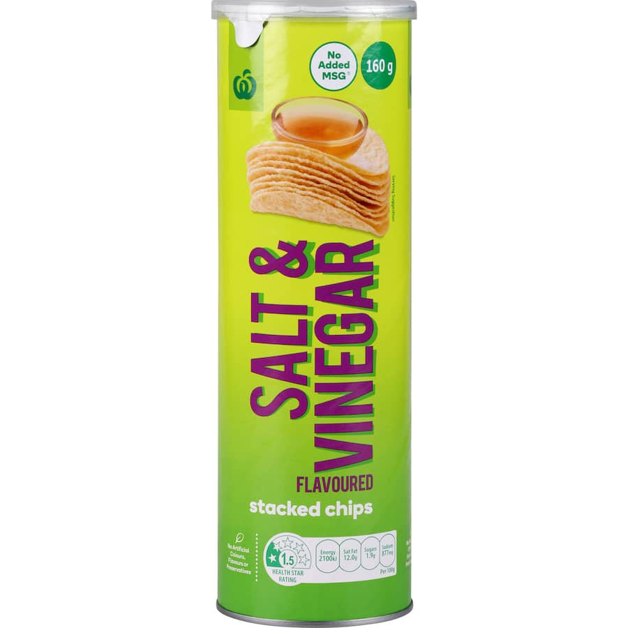 Woolworths Salt & Vinegar Chips, crunchy and flavorful, with a tangy vinegar and sea salt blend, no artificial additives.