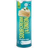 Woolworths Sour Cream & Onion chips, stacked, crunchy, no added MSG, perfect for snacking at parties or movie nights.