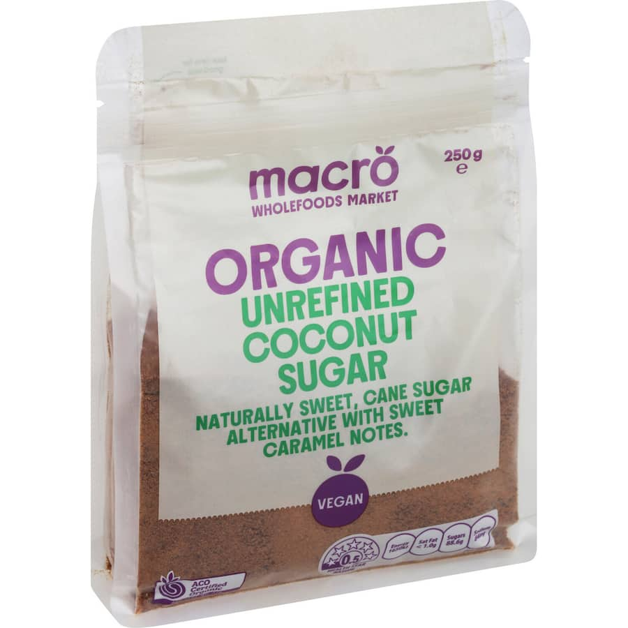 Macro Organic Coconut Sugar: Unrefined, vegan sweetener with caramel flavor, ideal for healthier baking and beverages.