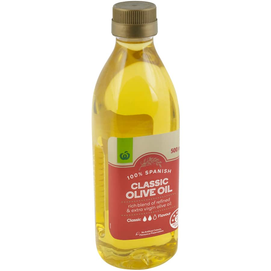 Woolworths Olive Oil Classic, a blend of refined and extra virgin oils from Spanish olives, perfect for cooking and dressings.