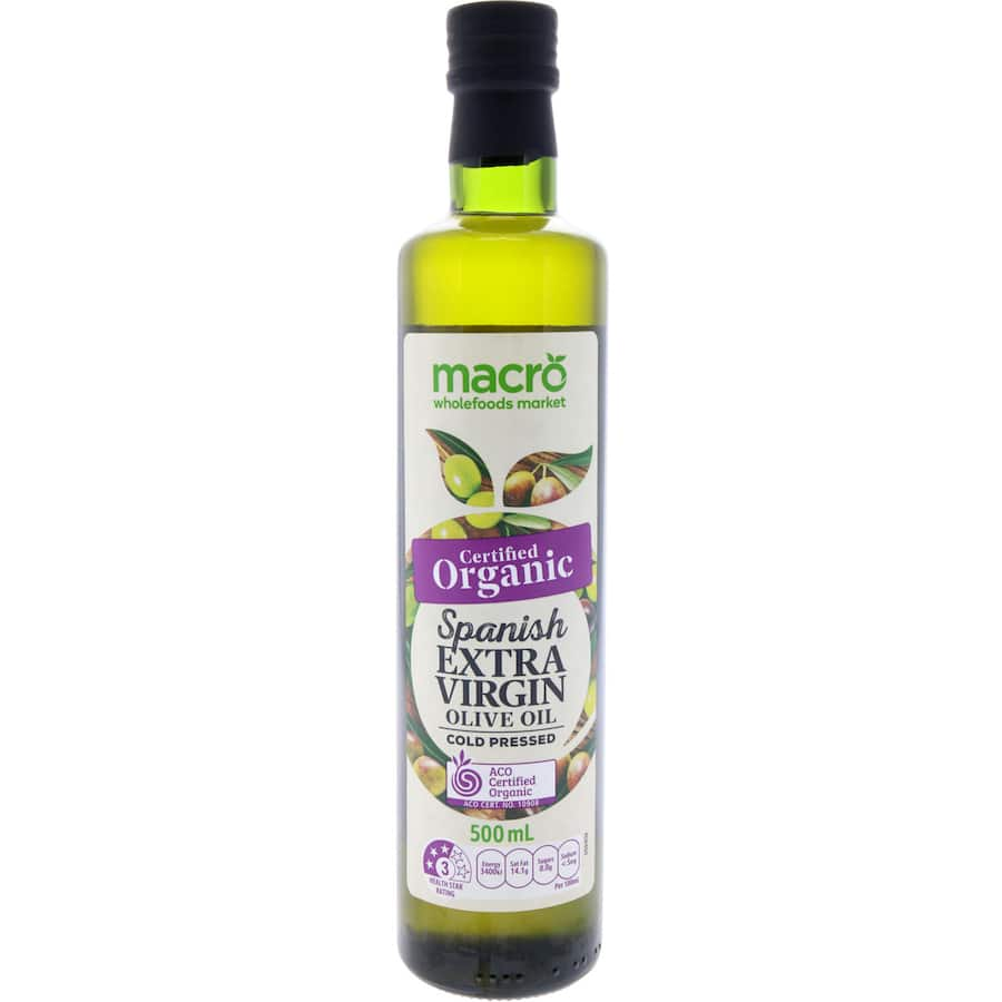 Bottle of Macro Organic Olive Oil, showcasing its rich, fruity blend from Picual, Arbequina, and Hojiblanca olives.