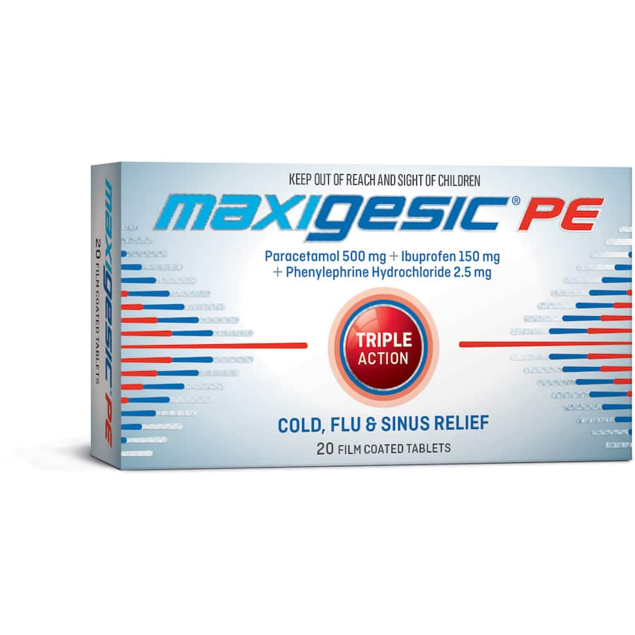 Maxigesic Cold, Flu & Sinus Remedy PE; effective relief for cold symptoms, headaches, sore throat, and nasal congestion.