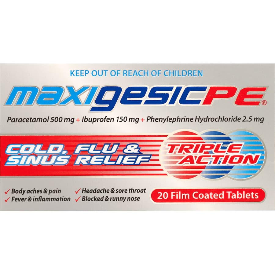 Maxigesic Cold, Flu & Sinus Remedy PE for fast relief from aches, headaches, fever, and nasal congestion, developed in New Zealand.