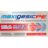 Maxigesic Cold, Flu & Sinus Remedy PE for fast relief from aches, headaches, fever, and nasal congestion, developed in New Zealand.