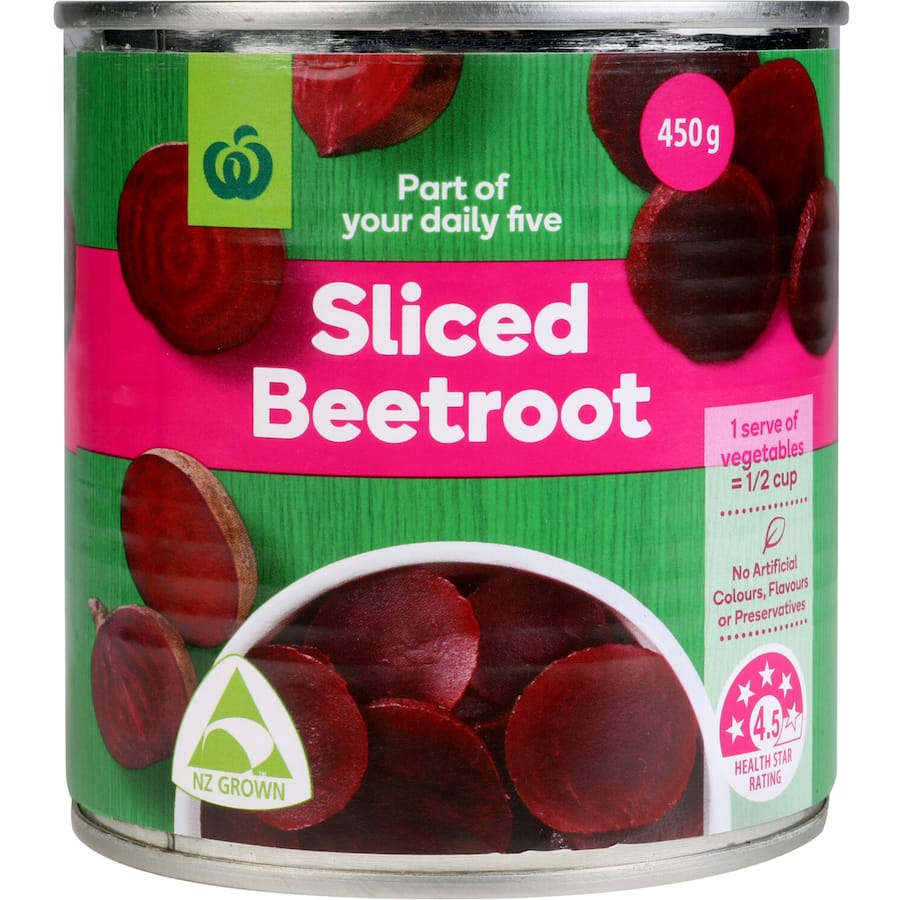 Sliced Woolworths beetroot in a 450g can, perfect for salads and sandwiches, free from artificial additives.